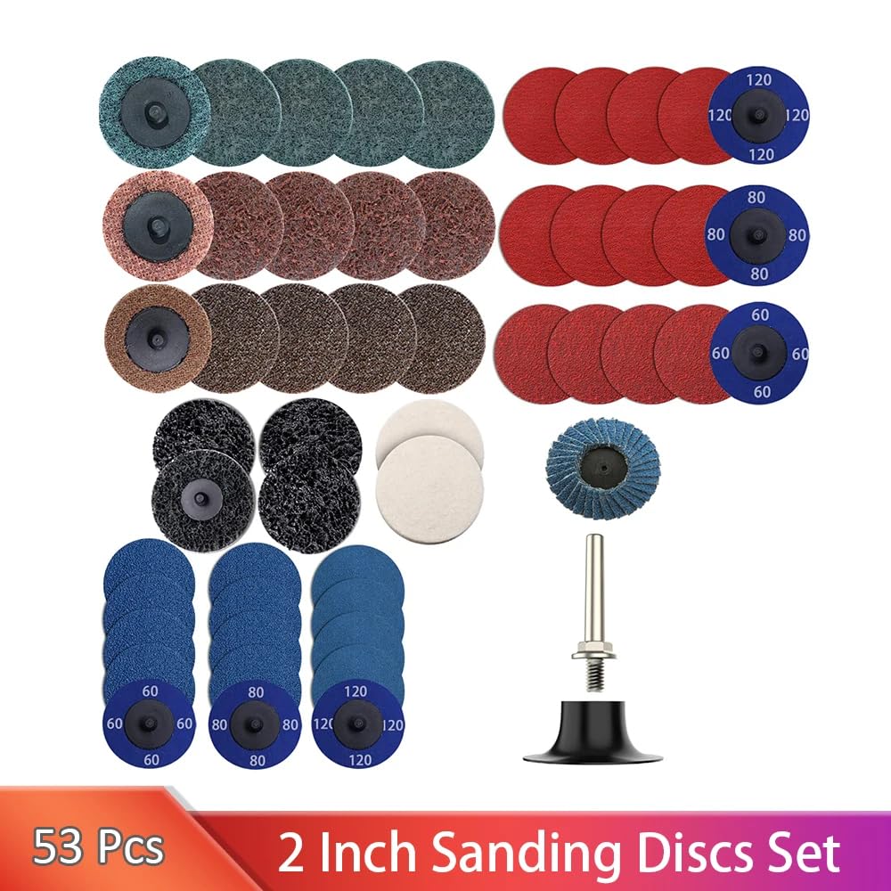 53PCS 2 Inch Sanding Discs Set Roll Lock Discs 1/4" Disc Holder Die Grinder Accessories for Surface Conditioning Burr Rust