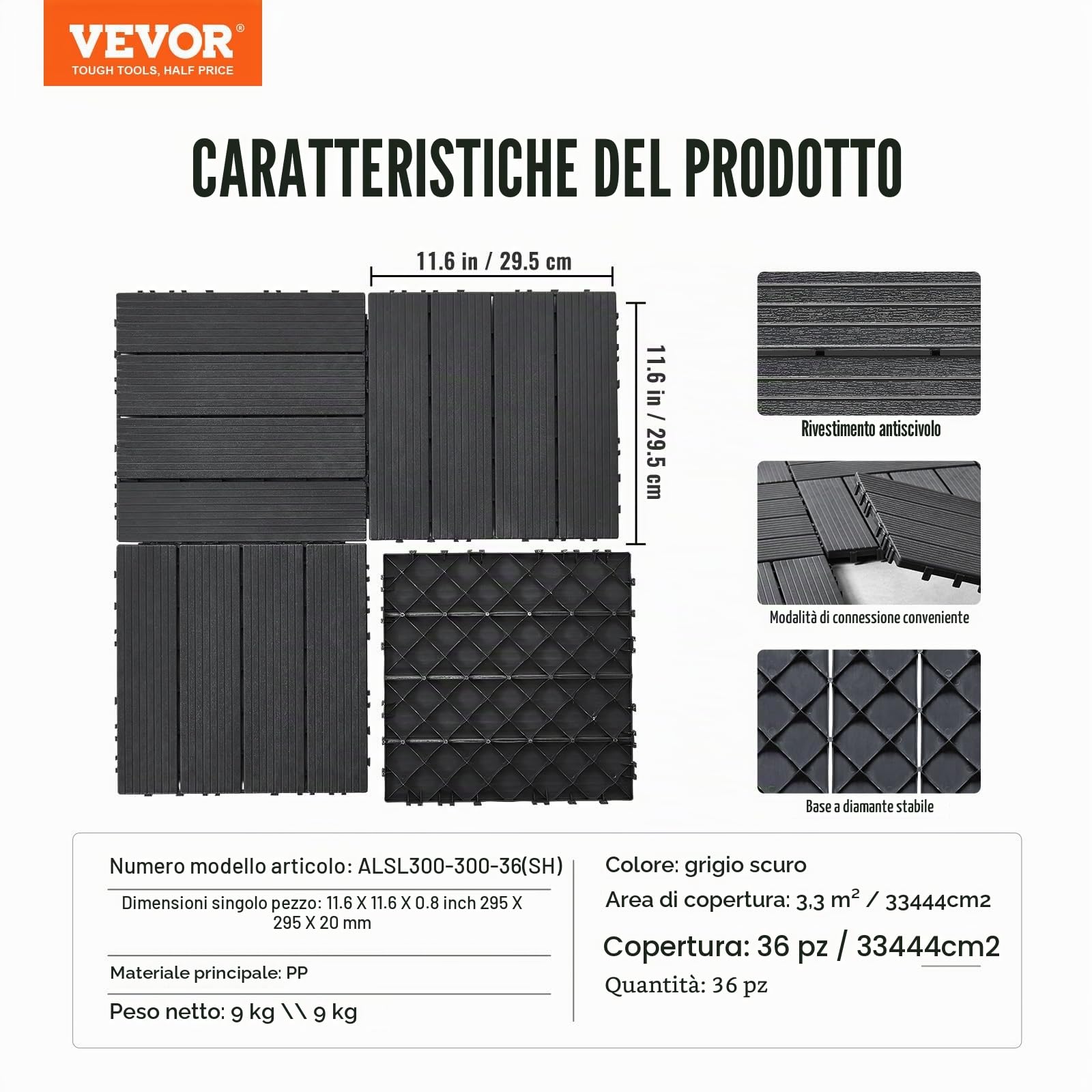 VEVOR Piastrelle per Patio ad Incastro 36 Pezzi 300 x 300 x 20 mm, Piastrelle Impermeabile in Plastica, Piastrelle per Tutte Le Condizioni Atmosferiche, per Portico Piscina Cortile, Grigio Scuro