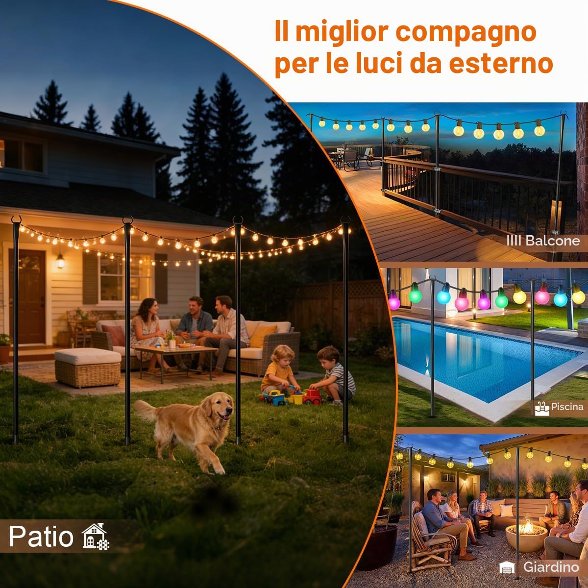Confezione da 6 pali luminosi per esterni, in metallo resistente, per luci esterne con forcella, accessori di illuminazione regolabili per decorazione patio, cortile, pergola, decorazioni da giardino