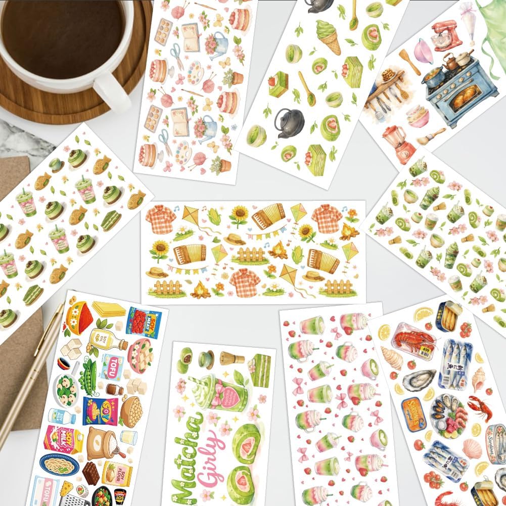 arricraft 10 Sheets Kitchen Theme UV DTF Cup Wrap for 16OZ Glass, Matcha Desserts Seafood Rub on Decals PVC Transfer Stickers for DIY Cups Window Home Printing Decoration 24x11cm/9.4x4.3inch