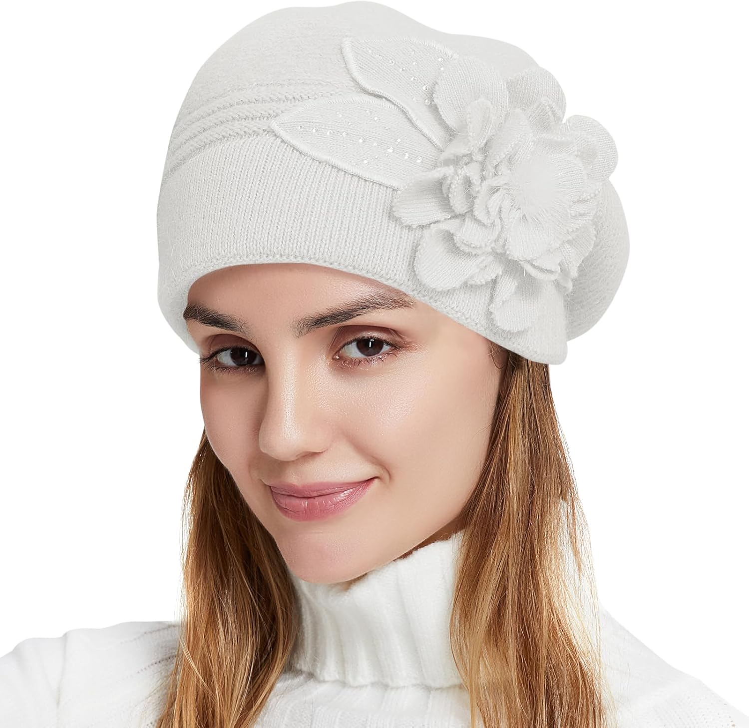 Flower Women Beret, Double Layer Thickened Winter Knitted Beanie Beret Hat, Stylish French Dress Beret Hats for Women