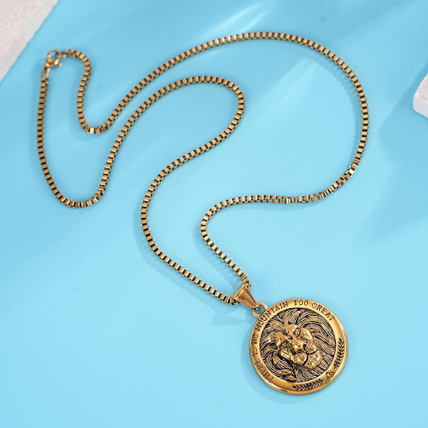 BREGO Carved Lion Head Coin Pendant Necklace | 24 inch Square Rolo Chain Box Chain Necklace - Image 7