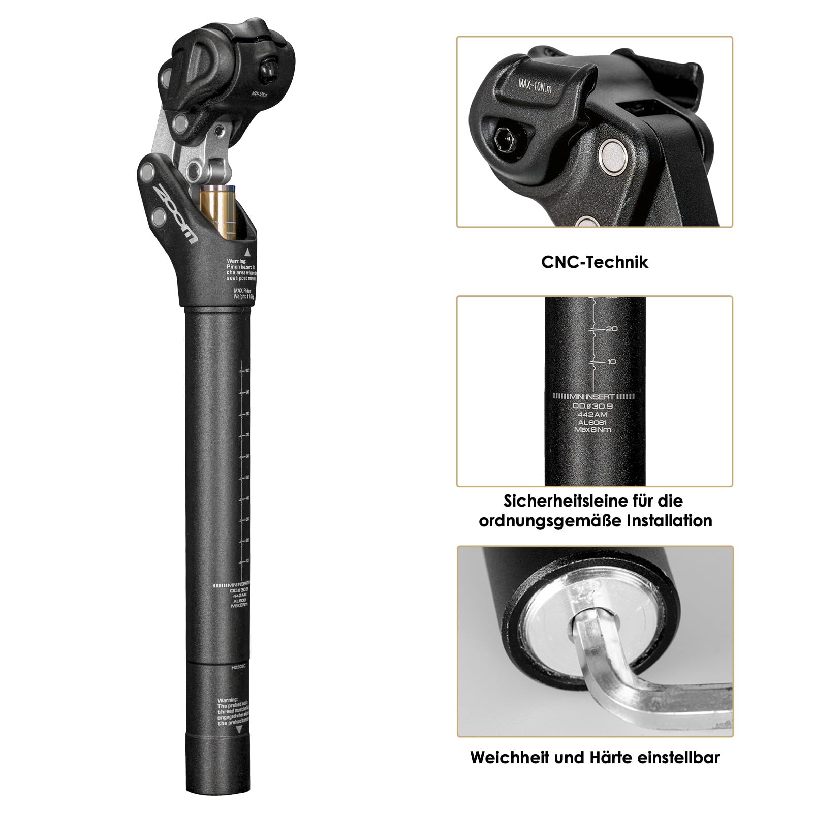 Tija de Sillín con Suspensión SP442, 27.2/30.9/31.6 mm, Amortiguación Ajustable de 45 mm, Reduce Vibraciones hasta un 60 %, para Bicicletas de Carretera, Gravel, MTB y E-Bikes, Soporta hasta 110 kg