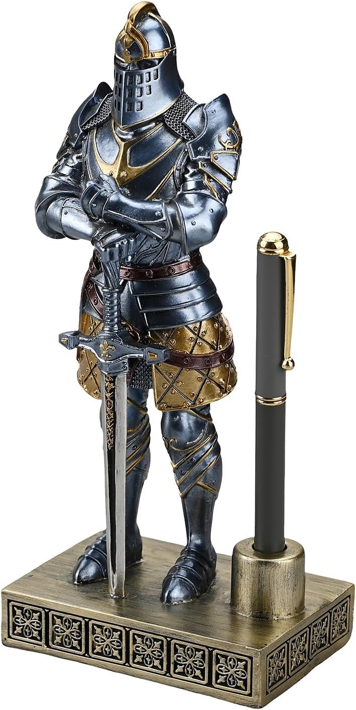 King's Guard Knight Pen Stand Statue Office Pen Stand Desk Organizer for Men Top Collection as Gift 9.45 Inches (Blue)
