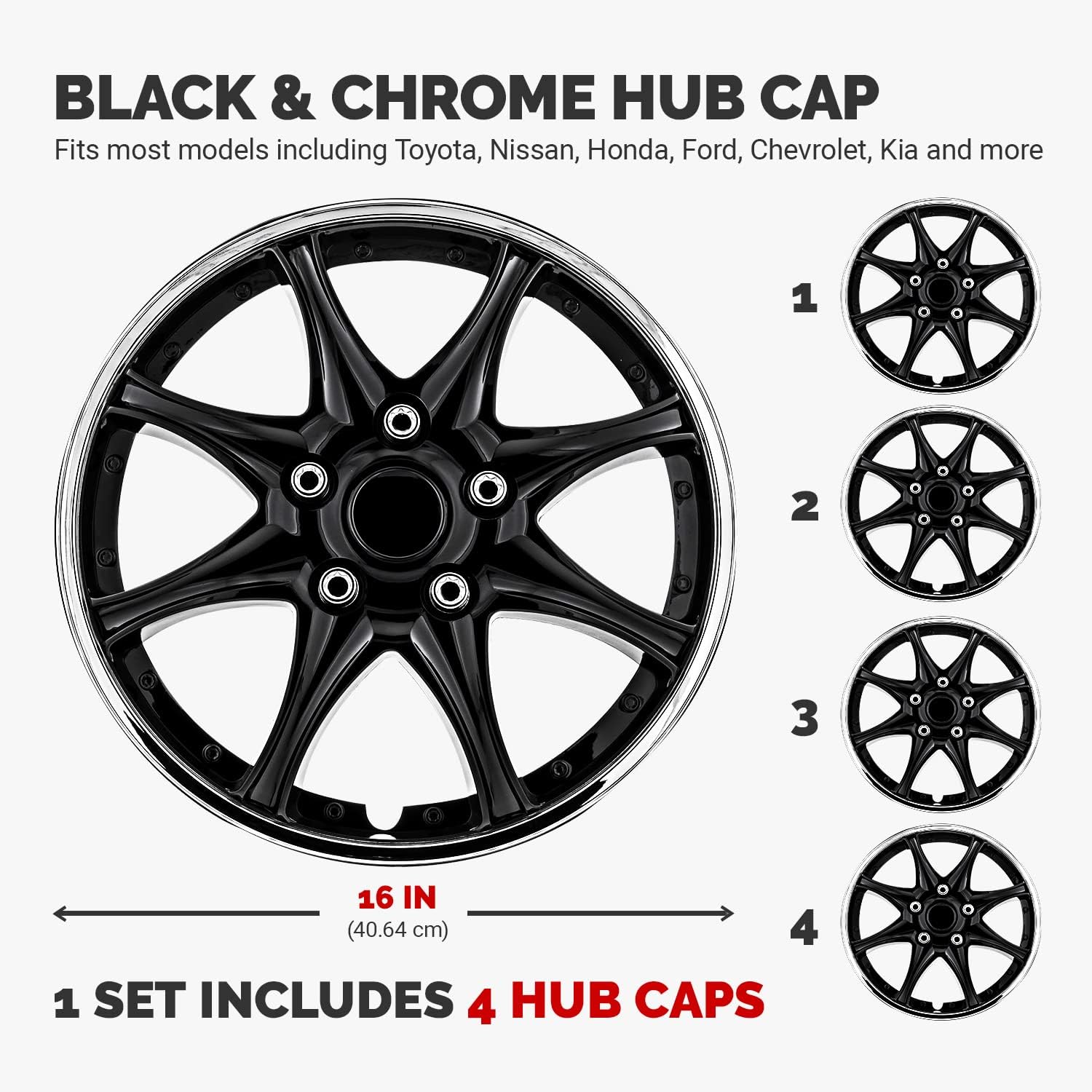 Pilot Automotive WH522-16C-B-AM 16 Inch Black & Chrome Universal Hubcap Wheel Covers For Cars - Set Of 4 - Fits Most Cars