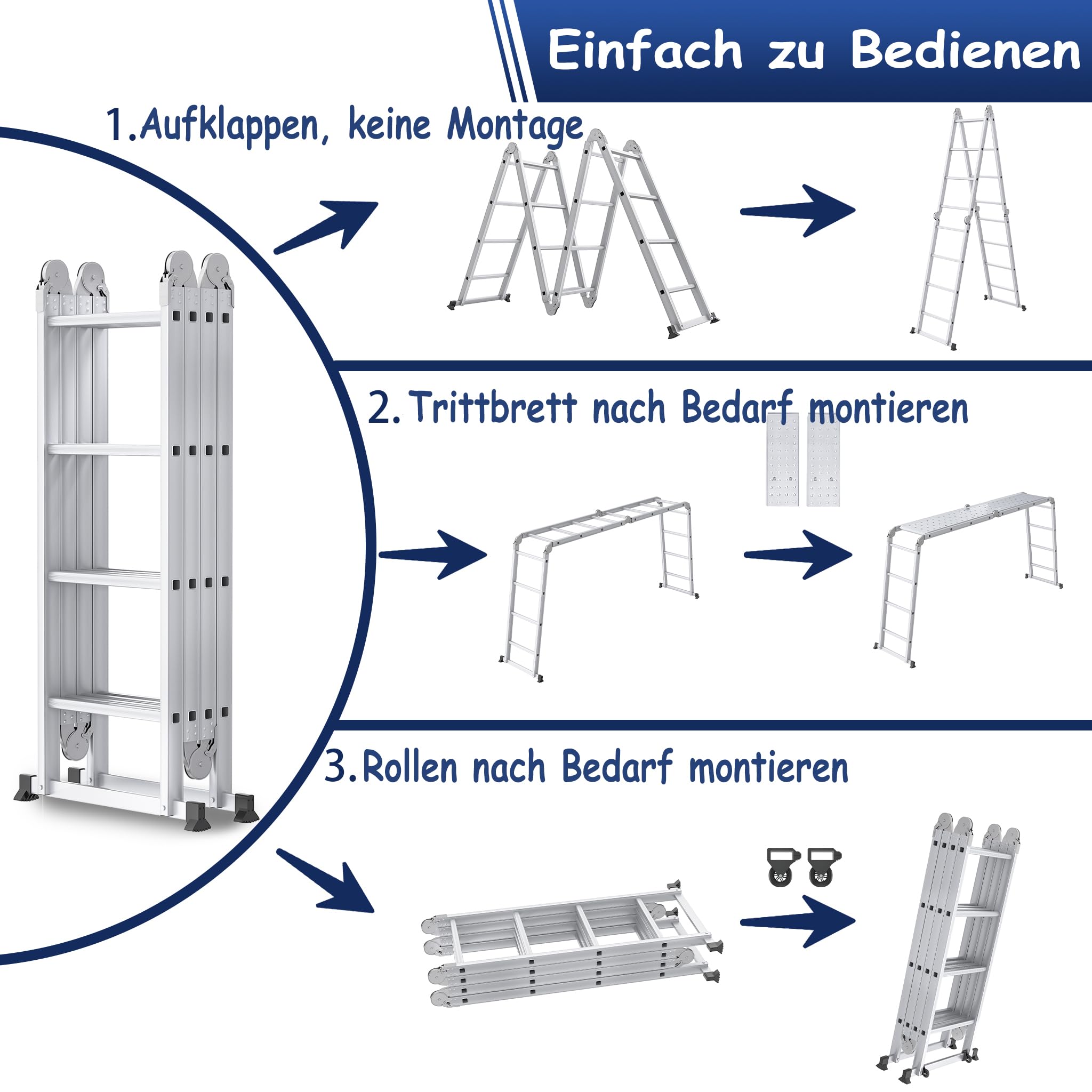 YRHome - Échelle polyvalente 6 en 1, en aluminium, articulée, pliante, échelle à ciseaux, 340 cm, multifonctionnelle, avec plateforme, capacité jusqu'à 150 kg, 4x3 marches, argentée