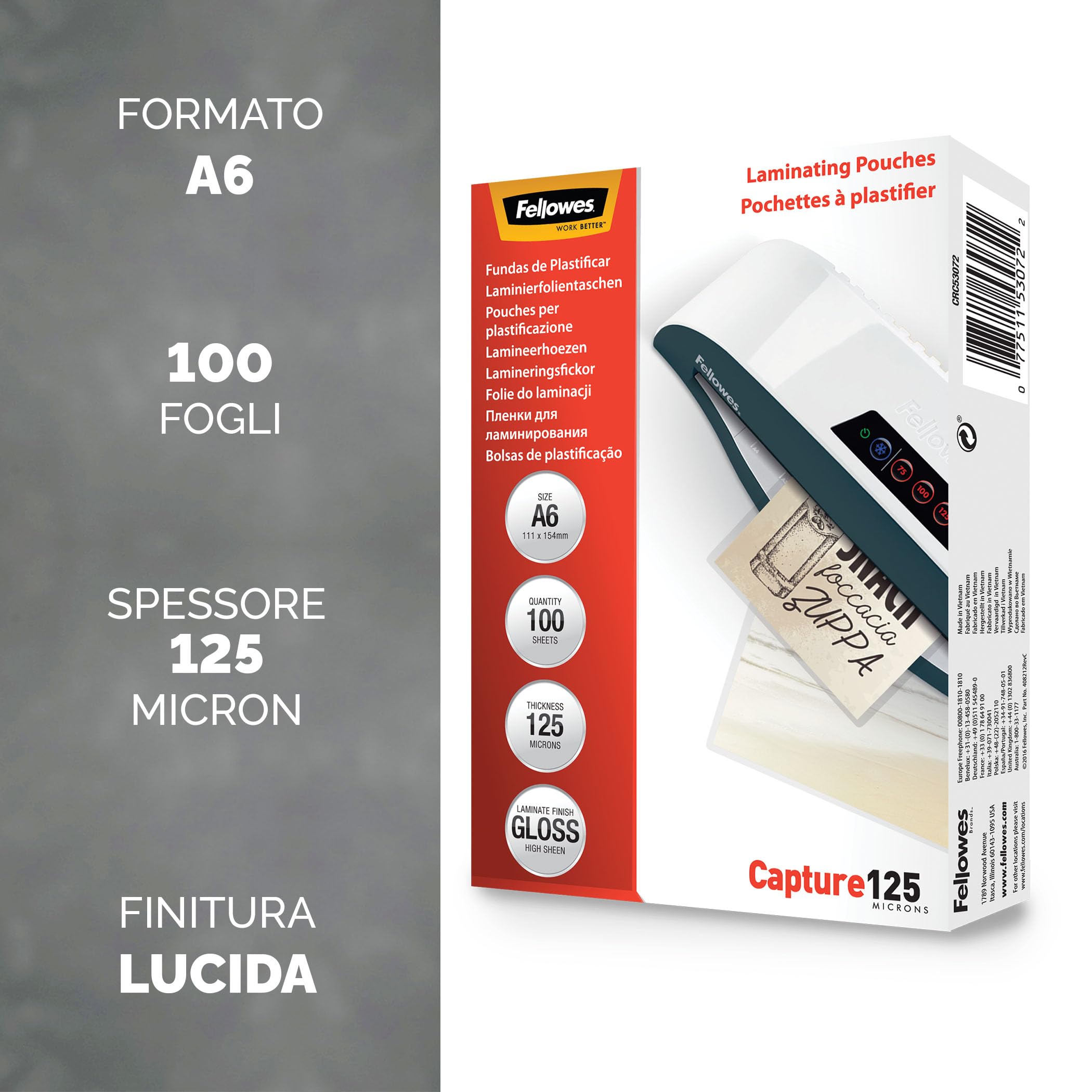 Fellowes Pouches plastificazione A6 lucida 100 pezzi 250 micron