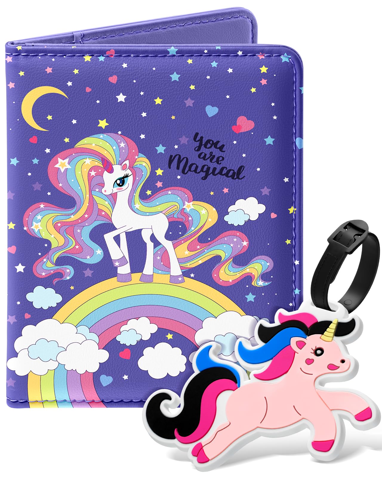 Passport Holder Cover Wallet Case for Travel Kids - Leather Letter Passport Book Family Multiple Personalized Organizer Card Slots Protector Sleeve, Pink, Rainbow Horse-image-33