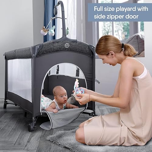 Miniatura 3 de BabyBond Cuna para bebé, cuna de noche, paquete y juego con sábana, cambiador de pañales y móvil de música desde recién nacidos hasta niños