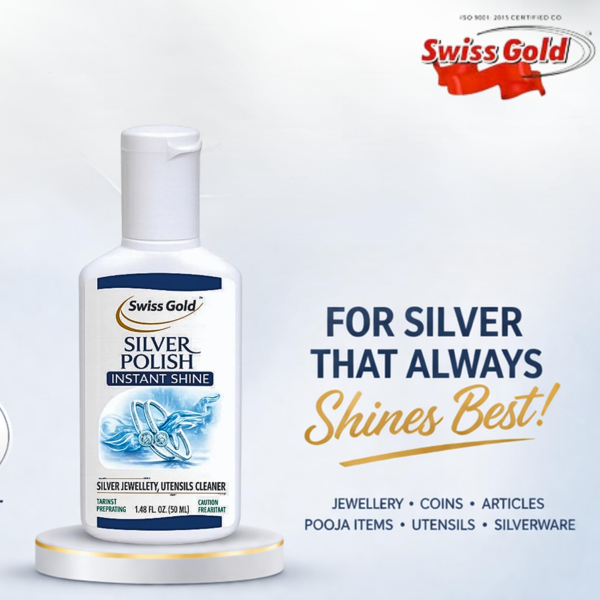 SWISS GOLD Instant Silver Cleaning Liquid | Silver Polish for Jewellery, Coins, Articles, Pooja Items & Silverware | Removes Tarnish & Restores Shine | Fast Acting Formula Without Metal Loss - 50ml 2