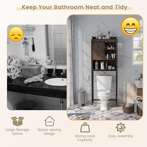 Miniatura 8 de LOKO Over The Toilet - Armario de almacenamiento independiente ahorro de espacio para el baño con estantes ajustables y puerta corrediza de granero