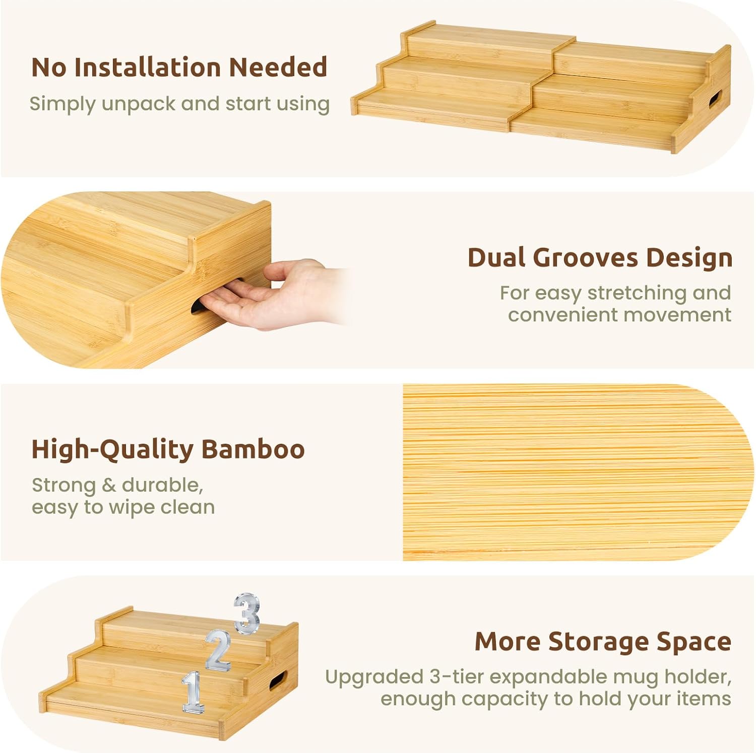 3-Tier Expandable Bamboo Mug Holder for Countertop Coffee Cup Holder Display Mug Organizer Mug Rack for Coffee Bar Organizer Mug Shelf for Cabinet for Kitchen, Home, No Assembly