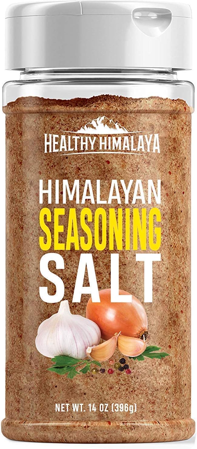 Himalayan Seasoning Salt with Pepper, Garlic, and Onion – Natural Himalayan Pink Salt for Grilling, Cooking, and Finishing – 14 oz Shaker, Healthy Himalaya