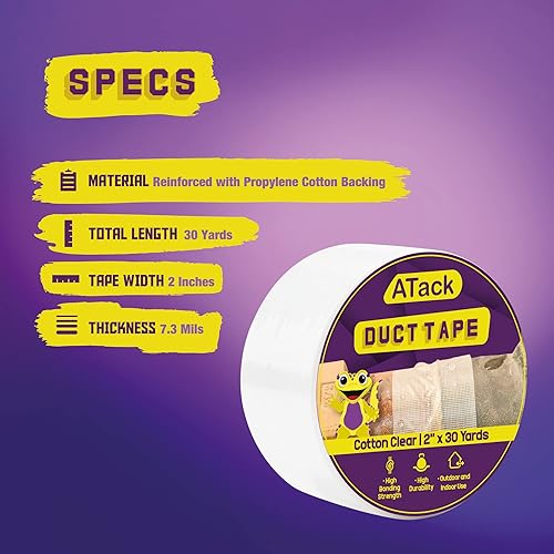 Miniatura 3 de ATack Cinta adhesiva de algodón transparente, 2 pulgadas x 30 yardas, cinta adhesiva transparente fácil de rasgar a mano para uso comercial,