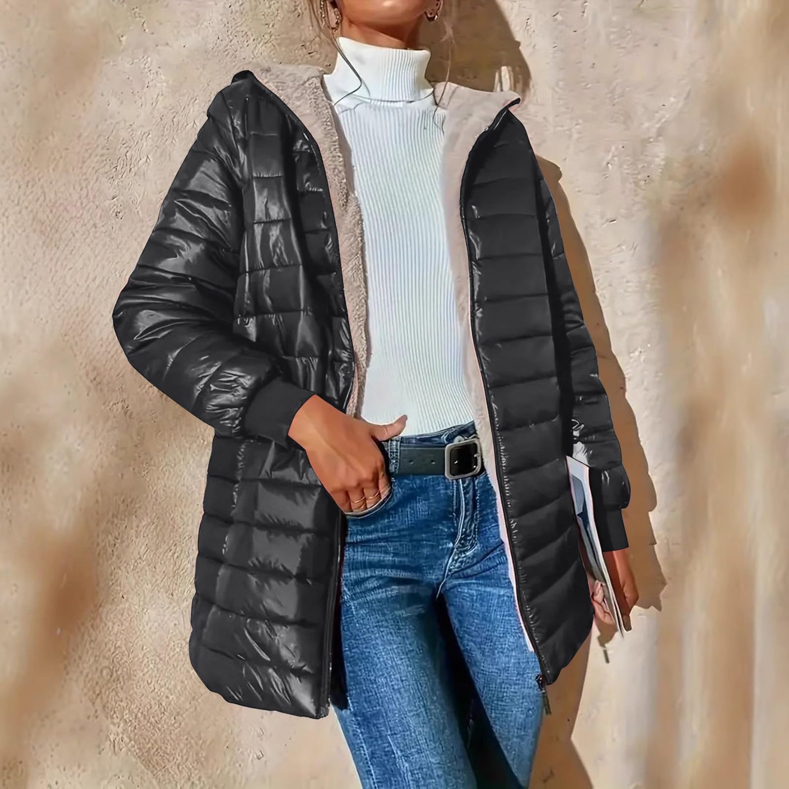 Chaqueta De Plumas para Mujer Manga Larga con Capucha Color Liso - Chaqueta Mujer Entretiempo con Bolsillo Cremallera Moda Transpirable Suave Cazadoras Deportiva Termica Plumíferos