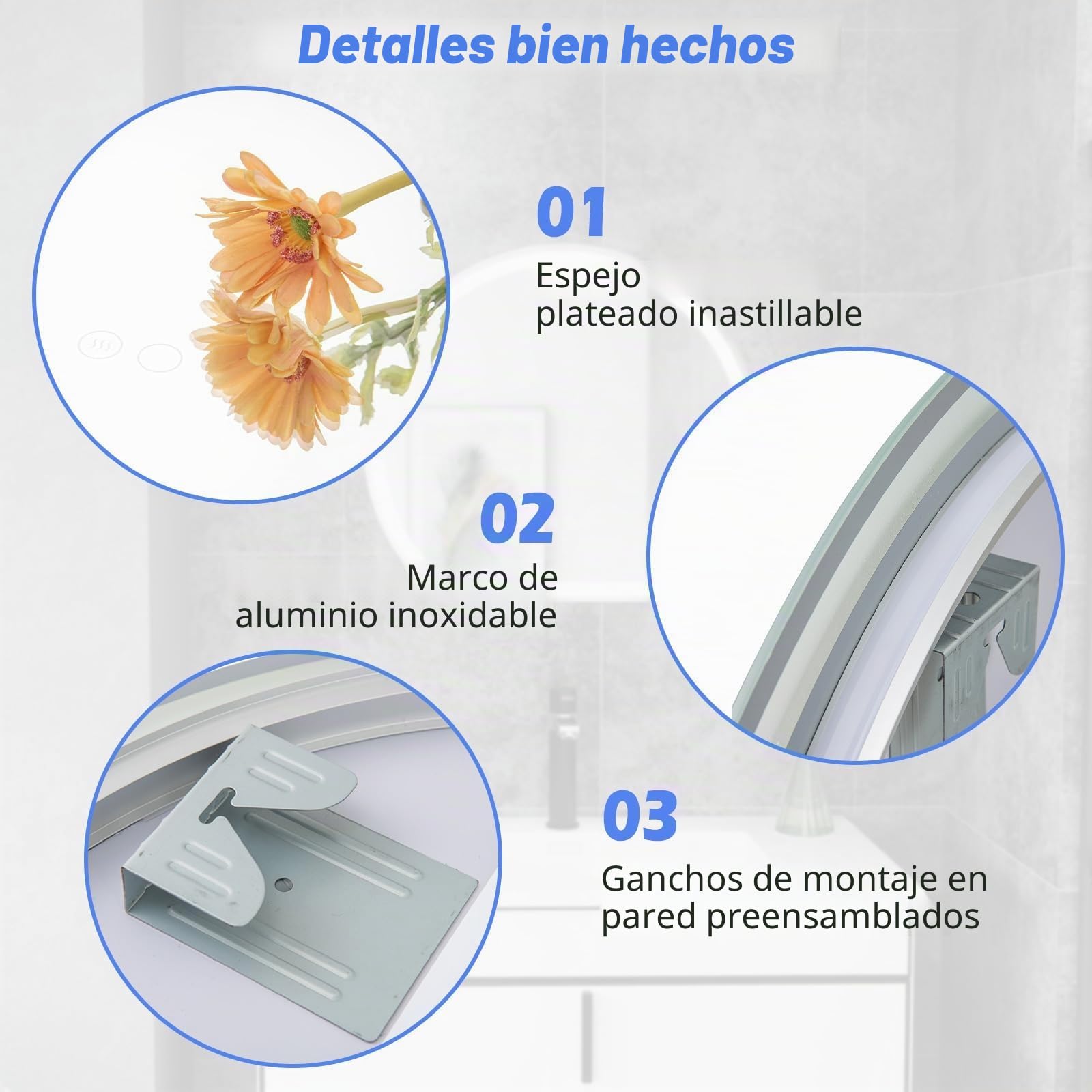 FANTASK Espejo de baño LED con iluminación, antivaho, Espejo de Pared Regulable con Interruptor táctil y función de Memoria, Espejo Colgante LED para baño, 60 x 54 cm, Color Plateado