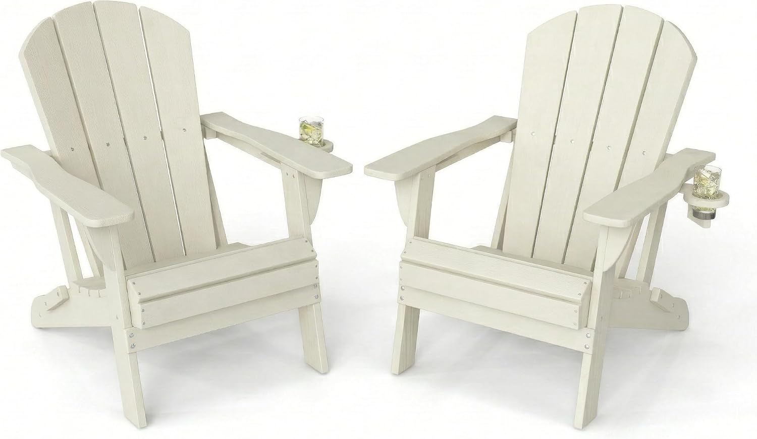 Kingdura Folding Adirondack Chairs Set of 2, Portable HDPE All Weather Resistant Outdoor Patio Chair, Wooden Textured with Cup Holder, 380LBS Capacity for Poolside, Backyard, Fire Pit (White)