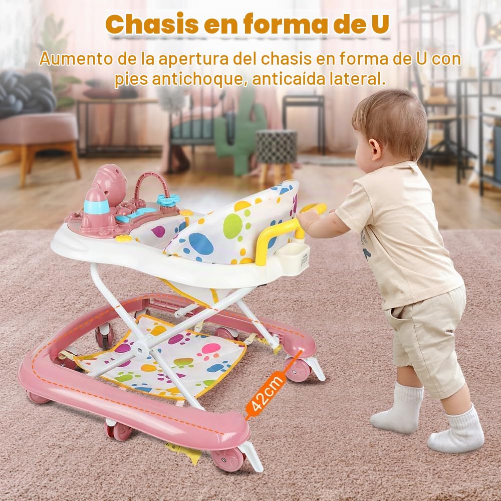 5 en 1 Andador Bebé con 5 Alturas Ajustables, Andador Bebe Plegable con Bandeja de Actividades Musical Desmontable, De 6 a 18 meses, hasta 12 kg (5 en 1,62 x 68 x 36-81 cm, rosa)