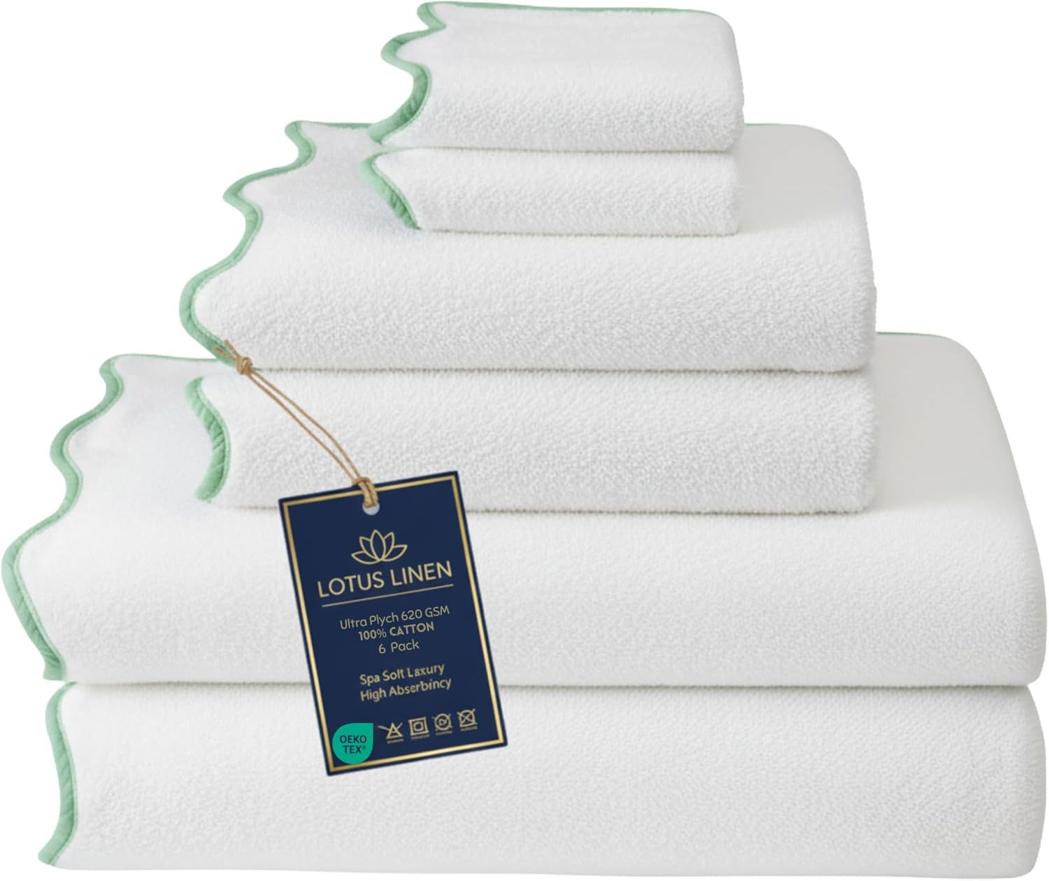 Lotus Linen Scallop Piping Towel Set of 6, 100% Zero Twist Cotton, 2 Bath, 2 Hand Towels, 2 Washcloths, Hanging Loops, Soft Absorbent Bathroom Essentials (Sage Green Piping, Towel Set (Pack of 6))