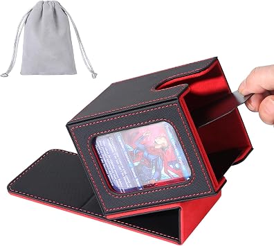 AFIING MTG Deck Box for Commander Display,Card Deck Box Fits 100 Double Sleeved Cards, Magic Commander TCG Card Storage Box with 2 Dividers,Drawstring Bag and 1 ToploaderBlack/Red