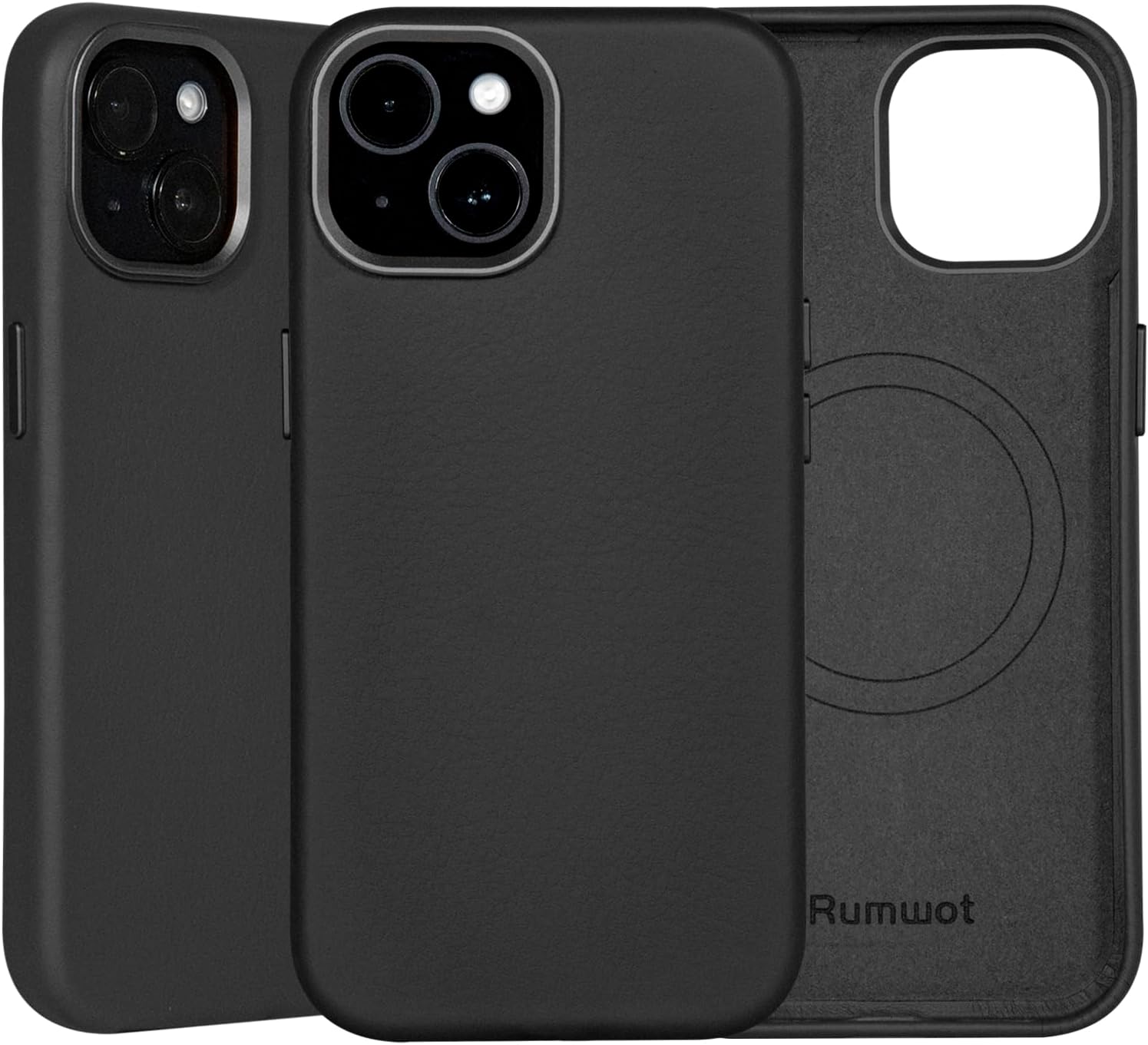 for iPhone 15 Leather Case | Genuine Full Grain Leather| Compatible with MagSafe and Wireless Charging | Metal Buttons Camera Bezel | Slim Fit-Drop and Scratch Resistant(Black)