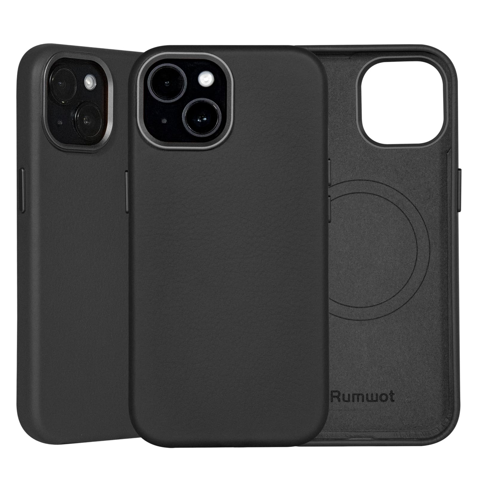 Rumwot for iPhone 15 Plus Leather Case | Genuine Full Grain Leather| Compatible with MagSafe and Wireless Charging | Metal Buttons Camera Bezel | Slim