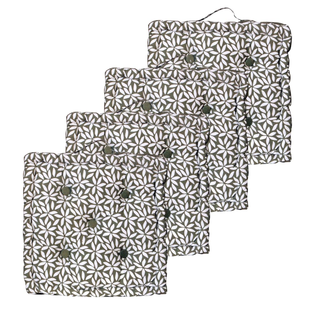 Atout Ciel Lot de 4 Coussins de Sol 40x40cm avec Anse contrastée, Vert Kaki imprimé/uni