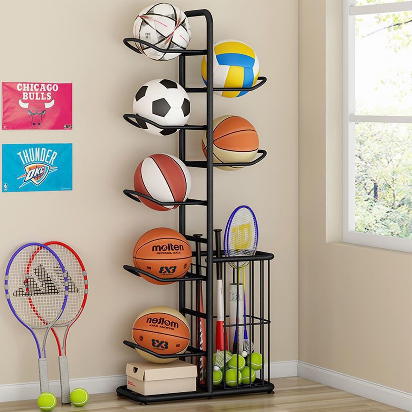 Vertikaler Basketballständer Aus Metall, Ballhalter Mit Abnehmbaren Aufhängestangen Und Seitenkorb, Freistehendes Aufbewahrungsregal For Sportausrüstung For Volleyball, Rugby, 7-lagiger Organizer-Turm