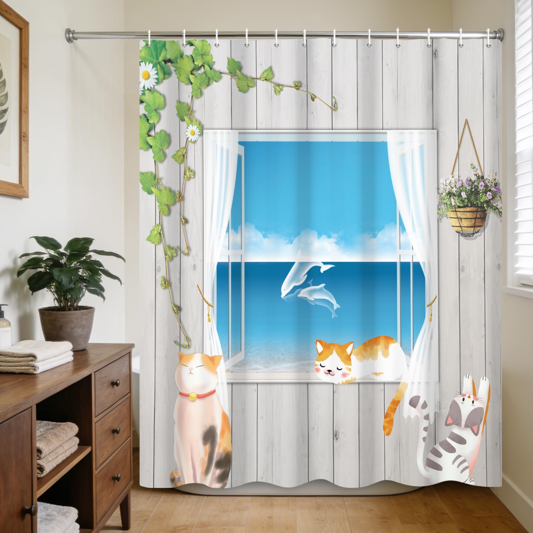 Ttincceer 180x150cm Cat Shower Curtain Grey Vintage Wooden Plank Cute Funny Kitten Water Resistent Bathroom Decorative Curtains Modern Stylish Washable Bathtub Supplies Home Decor — image 1