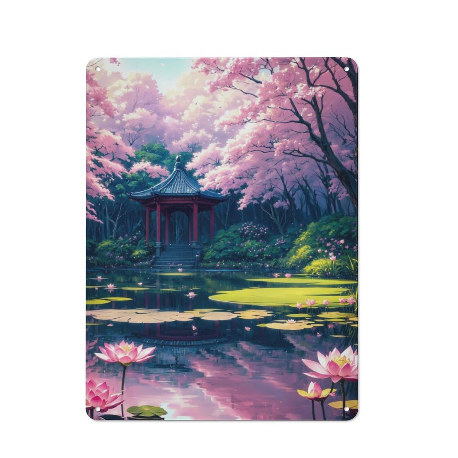 Junmoney Shrine Lotus Sakura Japan Printed Metal Sign 40X30cm For Hallway Wall, For Living Room And Hallway Decor, For Home Office And Studio Walls