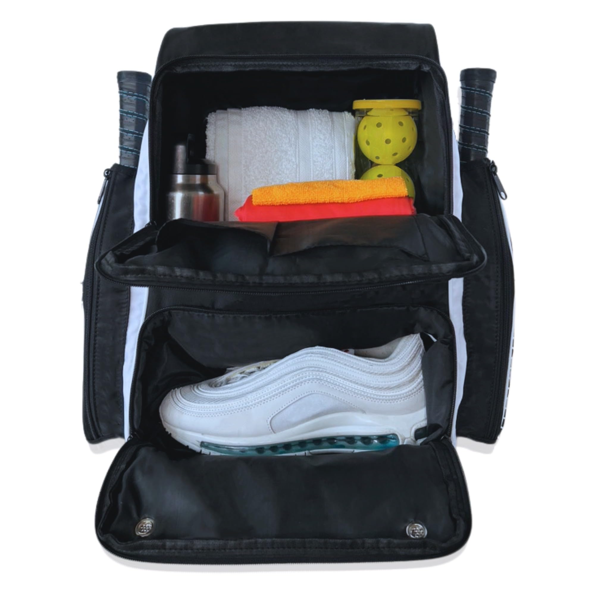 OLYMPIAN Dual Pickleball Backpack for Women and Men Hold 6+ Racket Paddles Quick Access Side Pocket X-Large Main Compartment Ventilated Shoe Storage, Water Resistant, Pickleball Balls Holder Geminate