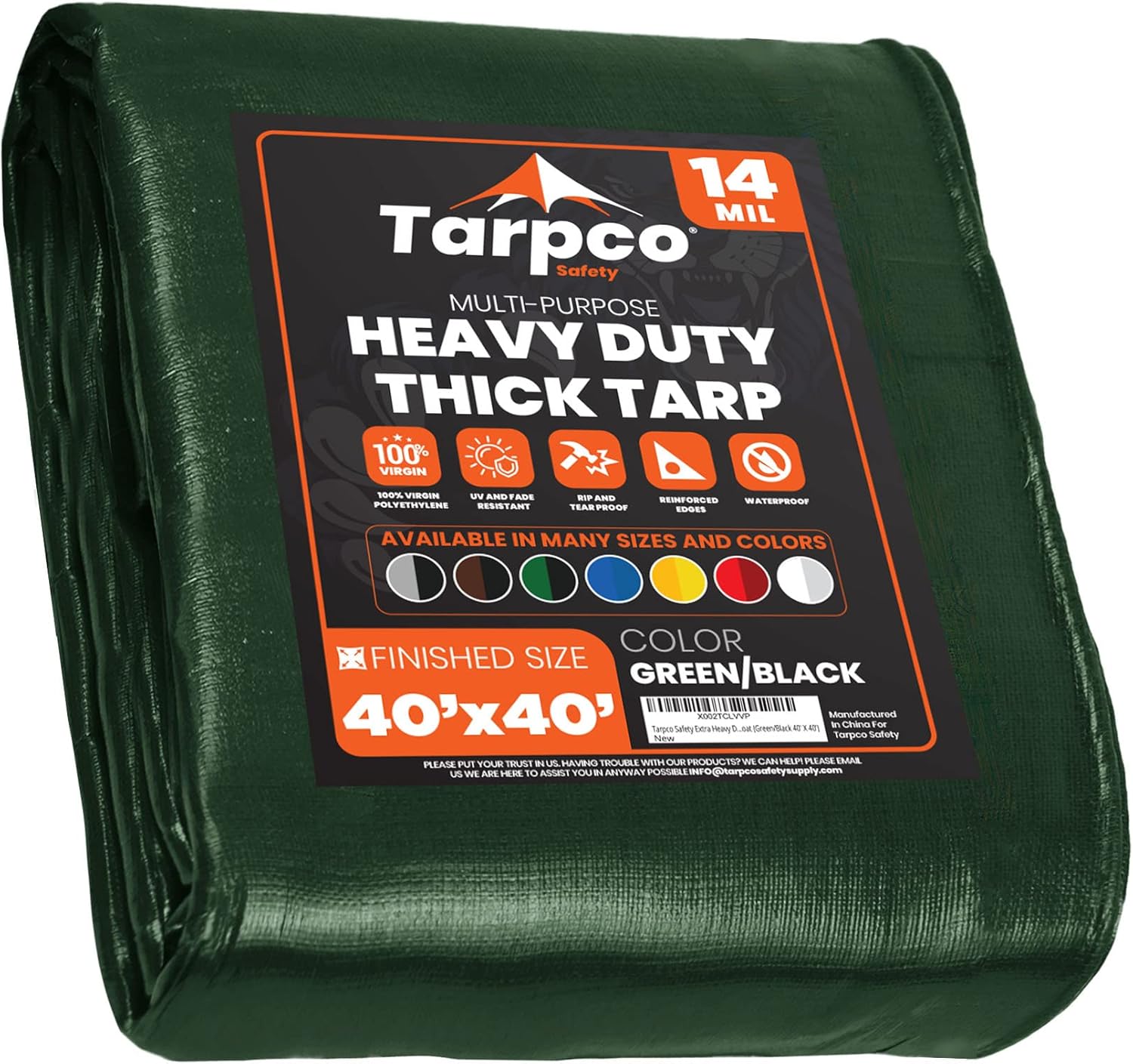 Tarpco Safety Extra Heavy Duty 14 Mil Tarp Cover, Waterproof, UV Resistant, Rip and Tear Proof, Poly Tarpaulin with Reinforced Edges for Roof, Camping, Patio, Pool, Boat (Green/Black 40′ X 40′)