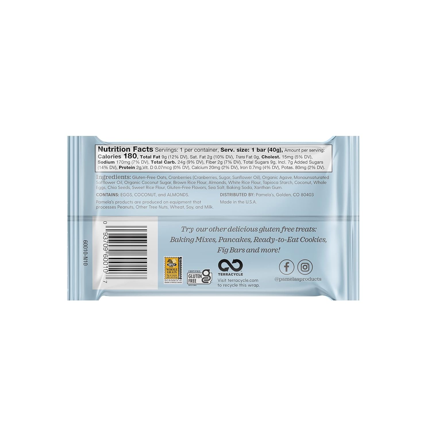 Pamela’s Whenever Bars, Cranberry Almond, Gluten-Free Oats, 7.05 oz. (Pack of 6)