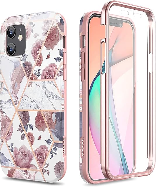 SURITCH Case for iPhone 12 6.1 inch Case for iPhone 12 Pro 6.1 Inch, [Built-in Screen Protector] 360 Full Body Protection Shockproof Rugged Bumper Protective Cover (Rose Marble)