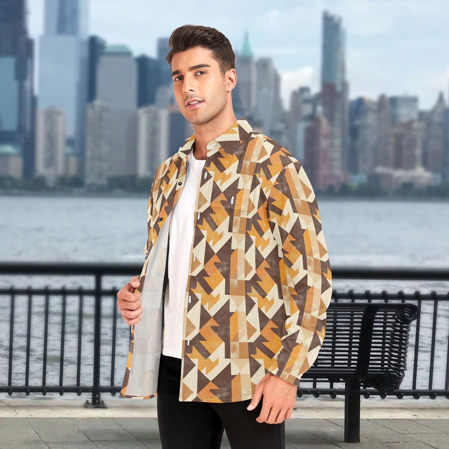 KLL Houndstooth Brown Classical Ladies Mens Wrinkle Free Rugby Shirts Beach Long Sleeve Blouses