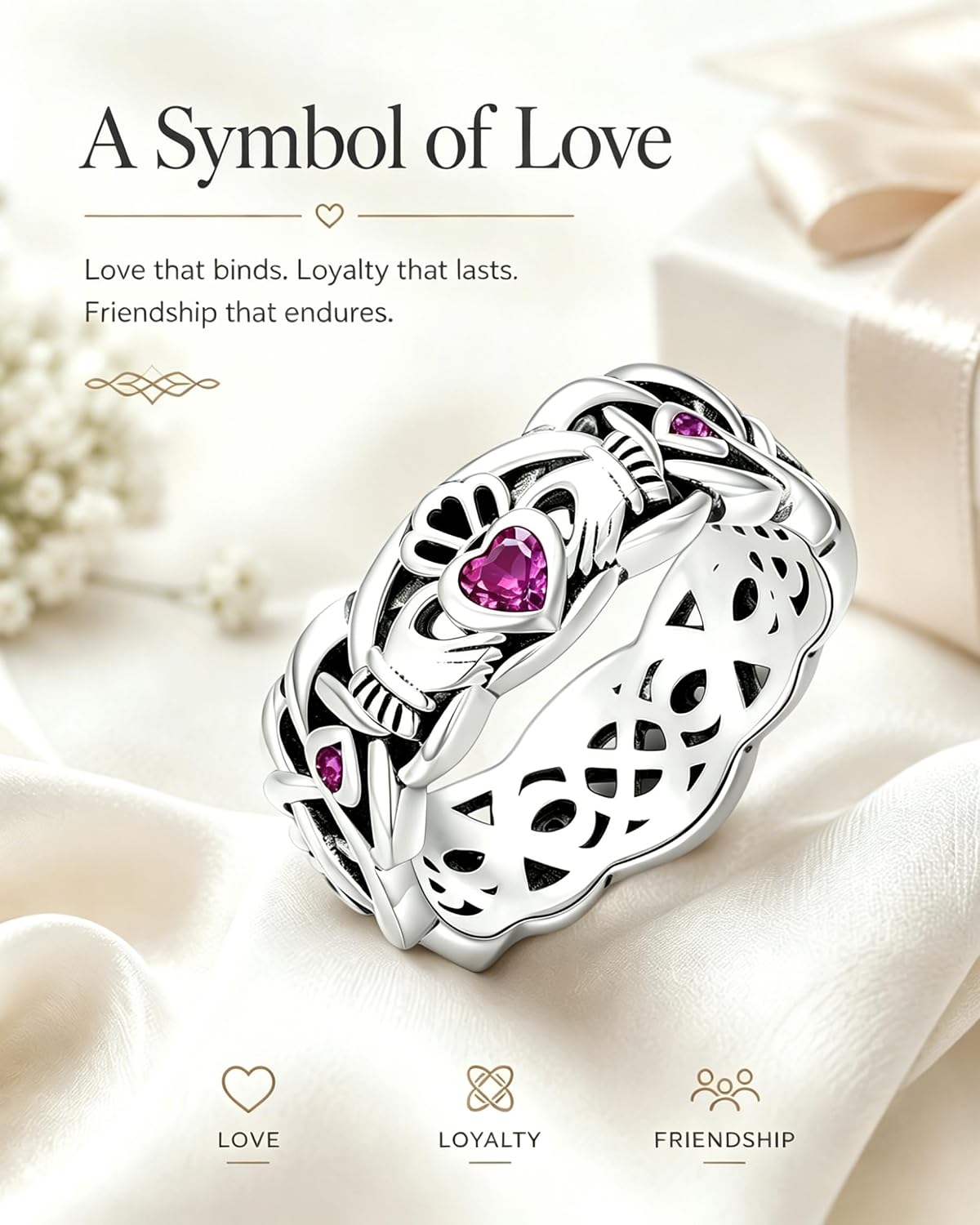 Seiyang Claddagh Ring 925 Sterling Silver Irish Claddagh Band Ring with 12 Months Birthstone Irish Lucky Jewelry Gifts for Women Mom Her