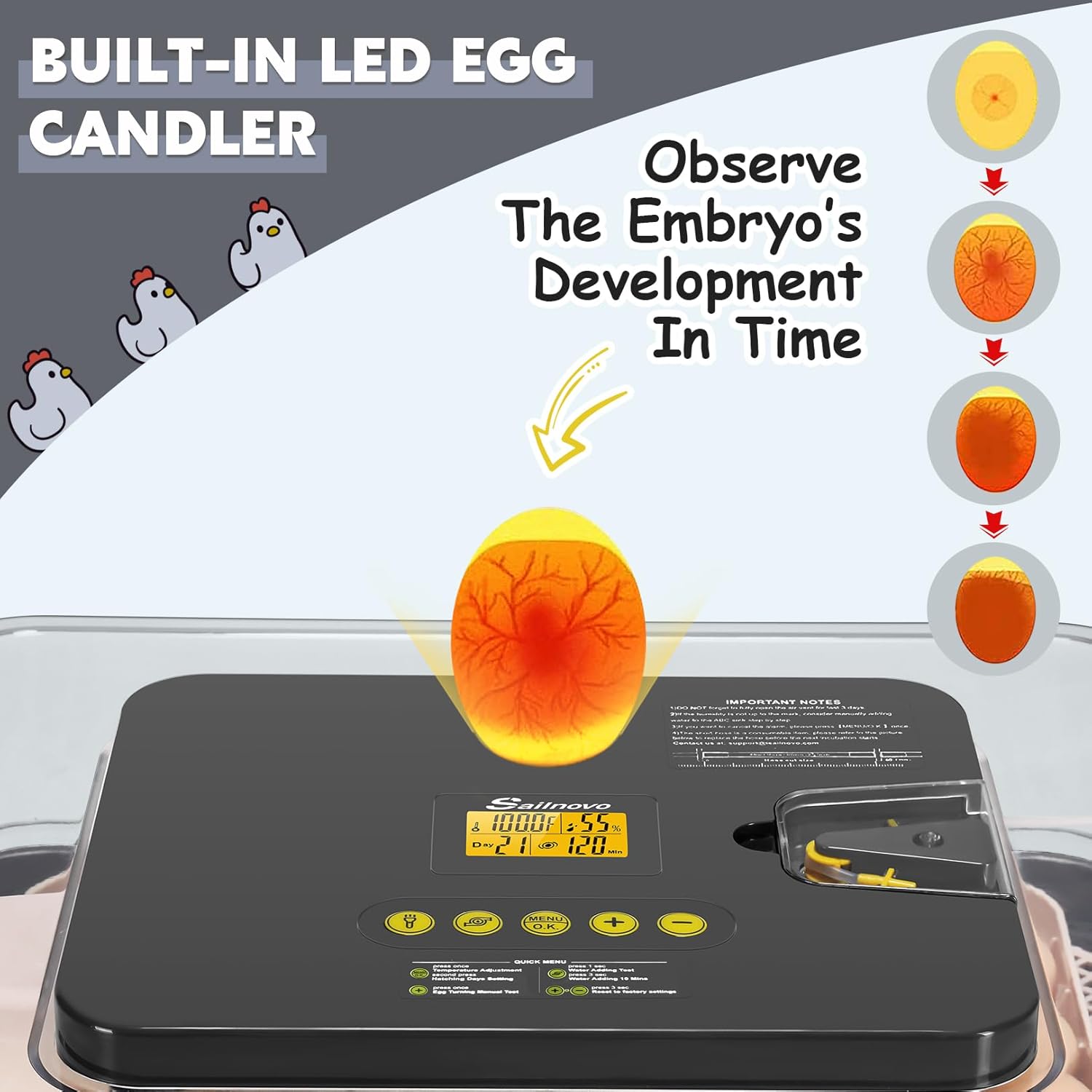 Image showing an egg being candled with the built-in LED light, revealing the developing embryo inside, with illustrations of different stages of embryo development.