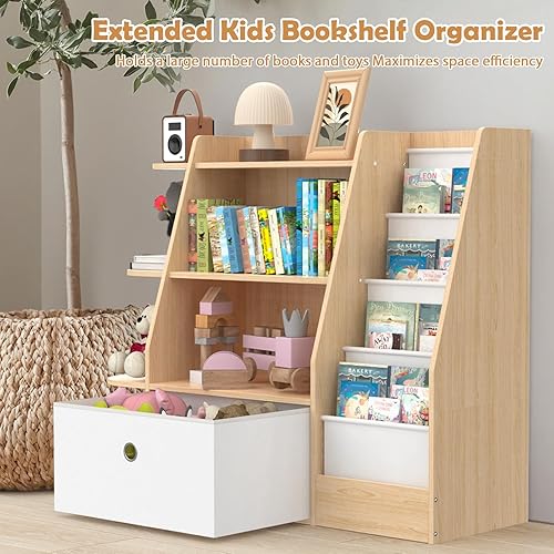 Miniatura 7 de Estantería para niños y almacenamiento de juguetes, estante de madera de 4 niveles para libros, estantería grande para niños con cajones, estantería