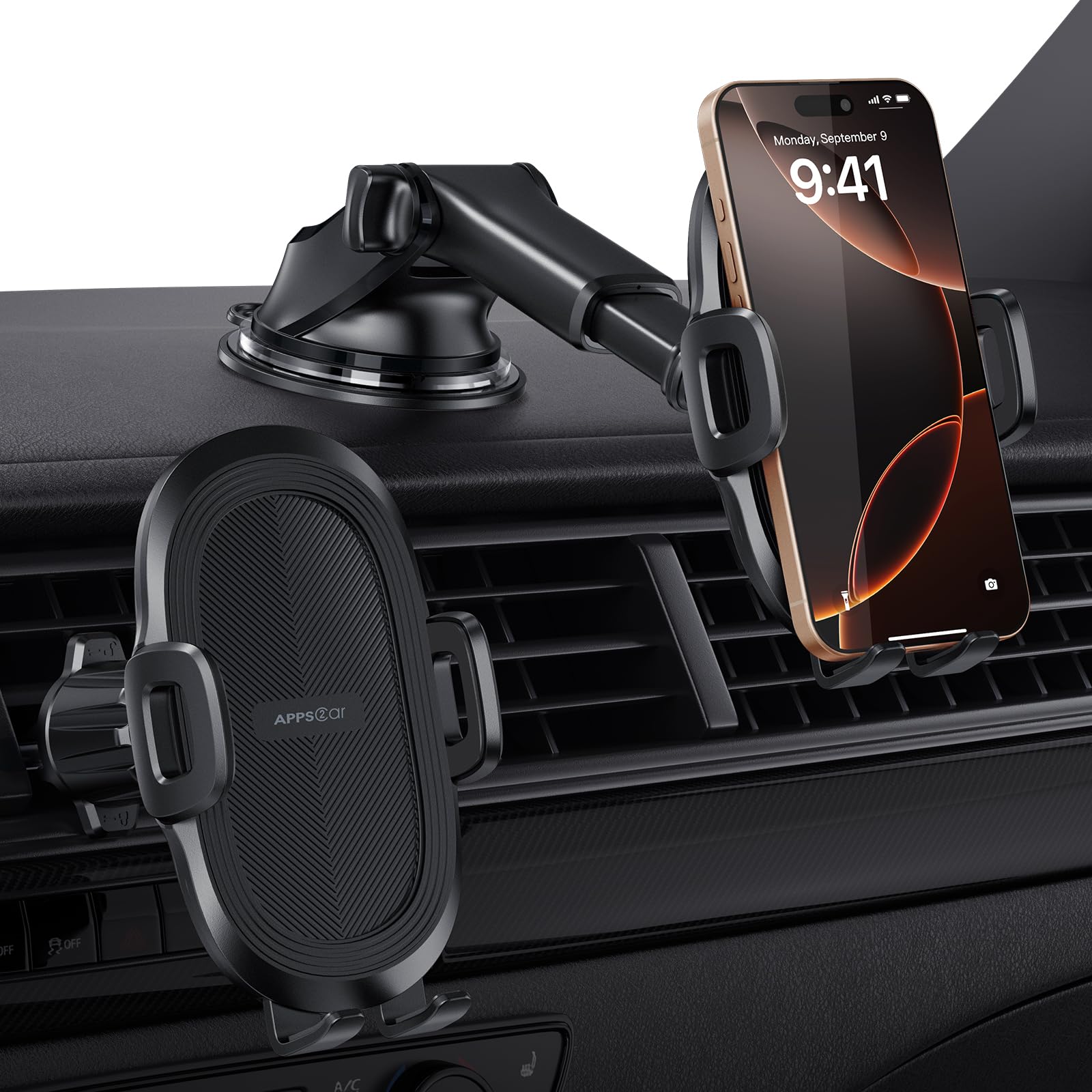 APPS2Car Samochodowy Uchwyt na Telefon z Mocowaniem do Wentylacji i Deski Rozdzielczej, Uniwersalny 360° z Przyssawką, Kompatybilny z iPhone 12/11/Pro, Samsung