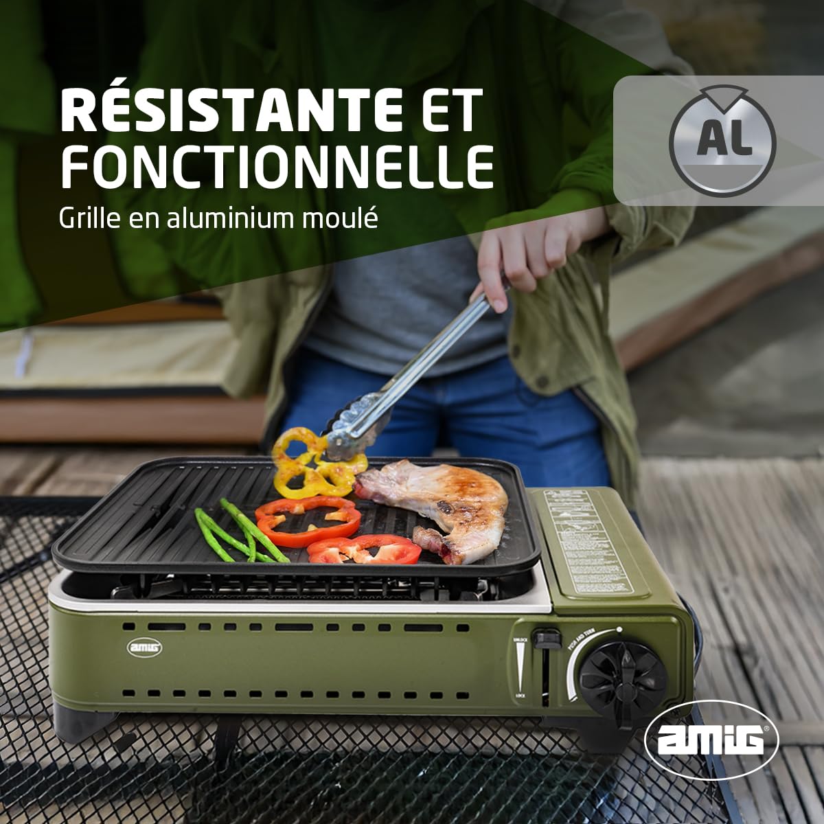 Amig - Réchaud a Gaz BBQ01K, Cuisine Portable, Kit Réchaud Grill - Grille en Fonte d'Aluminium et Plancha avec Couvercle de Cuisson, Plateau Ramasse-Graisse en Acier Inoxydable, 1,8 kW