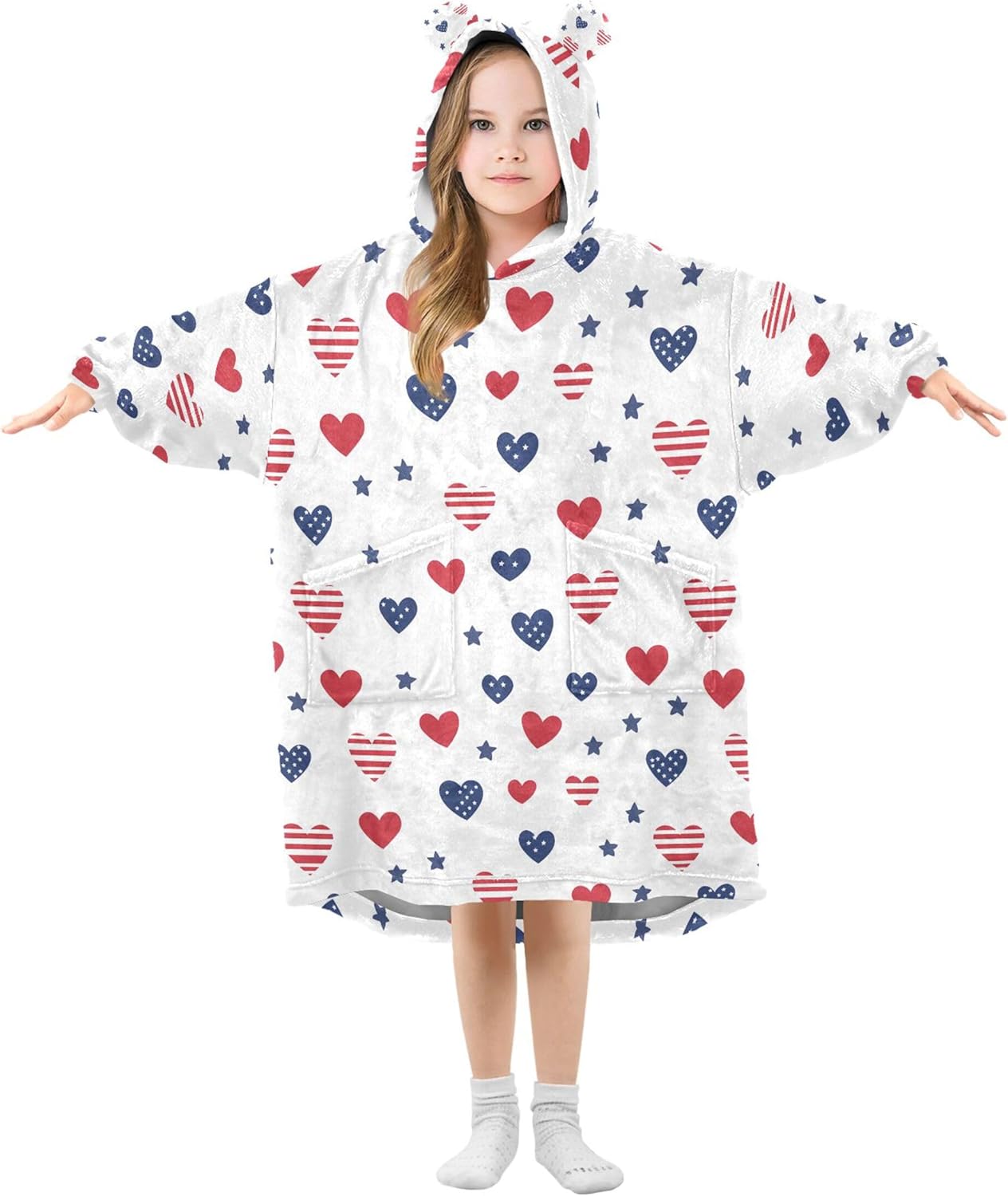 July 4th Independence Day Heart Kids Wearable Blanket Hoodie with Pocket and Sleeves for Toddlers Cute Hoodies Girls