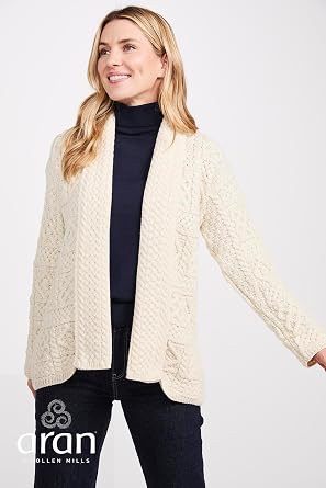 Aran Woollen Mills レディース ショールカラーカーディガン – 100%メリノウール、オープンフロントアイルランドケーブルニットセーター ウォームレイヤー