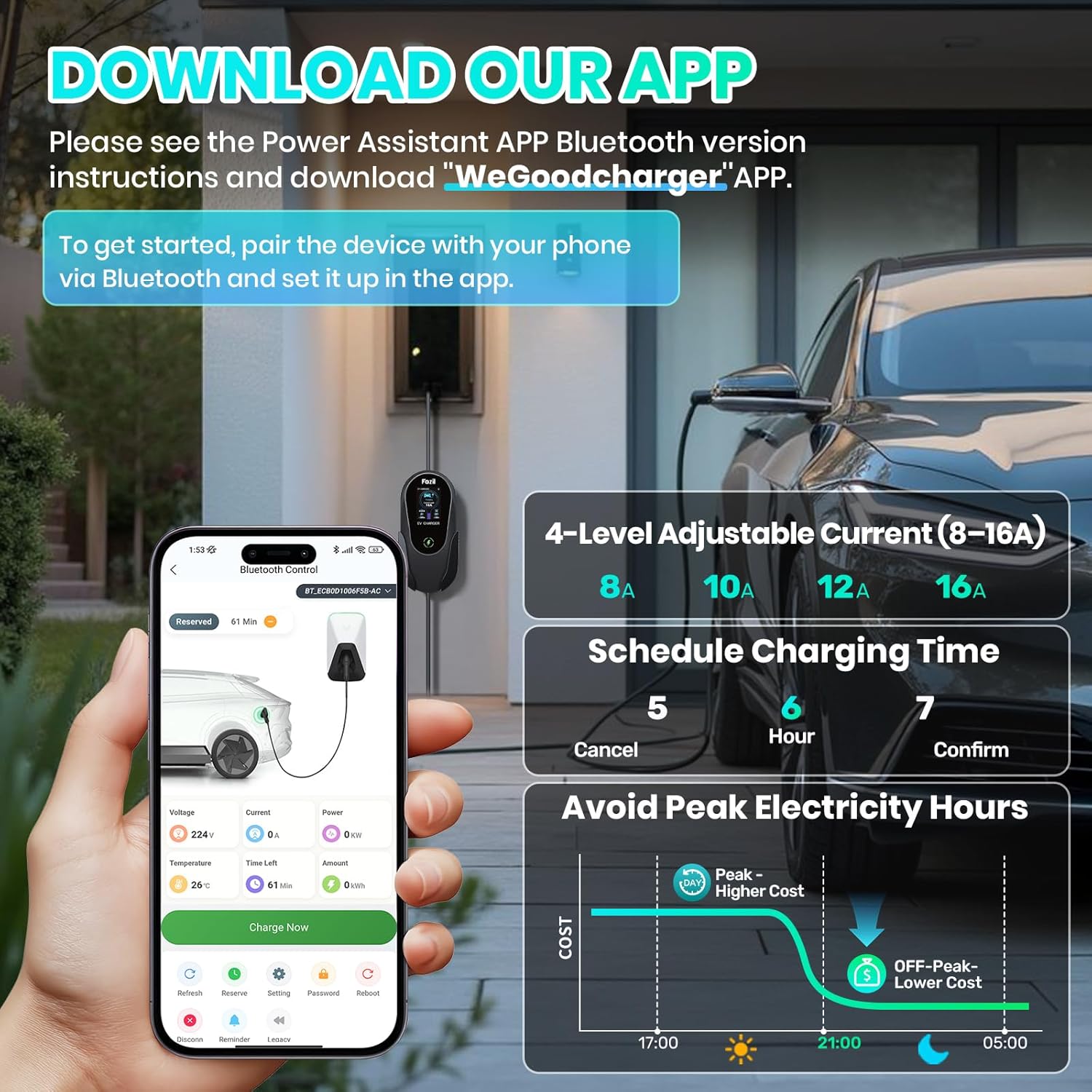 Level 1 &2 EV Charger, Electric EV Charger with 26FT Cable,16Amp, Adjustable Current 12H Smart APP, NEMA 6-20 & NEMA 5-15 Adapter, Carry Bag, Compatible with J1772 Evs