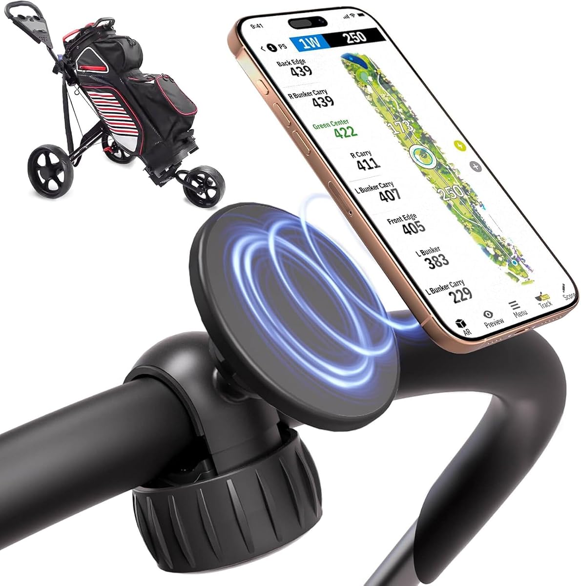 Magnetic Golf Push Cart Phone Holder Secure GPS Mount for Clicgear Bag Boy | Secure Phone Hold on Bumpy, 23 N52 Strong Magnets, Hands Free Golf GPS Access, 360° Viewing Angle, MagSafe, Quick Clamp Setup