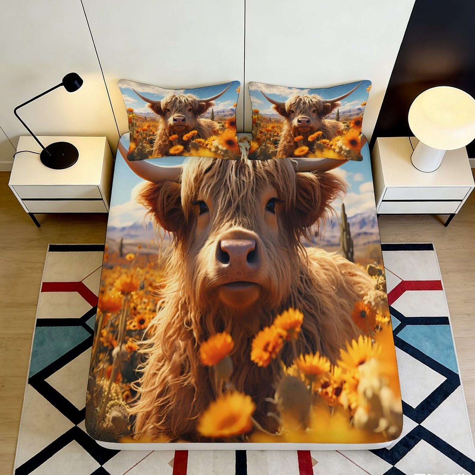 3D Printed Highland Cow Fitted Sheet Microfiber Soft Breathable Floral Mattress Cover for Bedroom Dormitory Guest Room Protection Decor 140x200x25cm