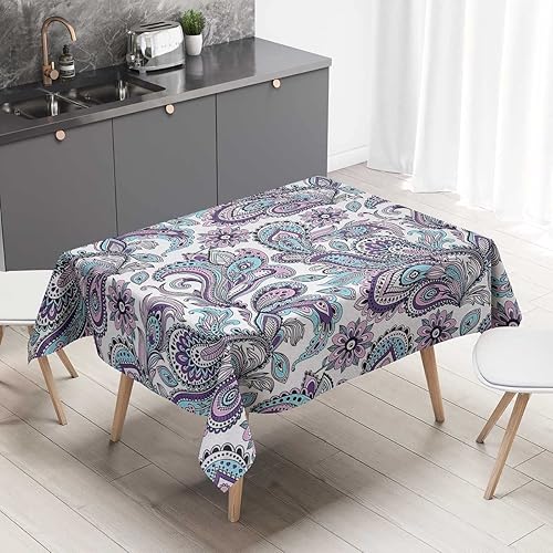 Mantel rectangular de cachemira para mesa, color blanco y morado, decoración de caídas azules, lavable, resistente al agua, 60 x 84 pulgadas