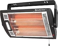 Comfort Zone 1500W Ceiling Mount Quartz Infrared Heater with Halogen Light, 90° Tilt & Overheat Protection - Black