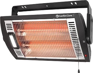 Comfort Zone 1500W Ceiling Mount Quartz Infrared Heater with Halogen Light, 90° Tilt & Overheat Protection - Black