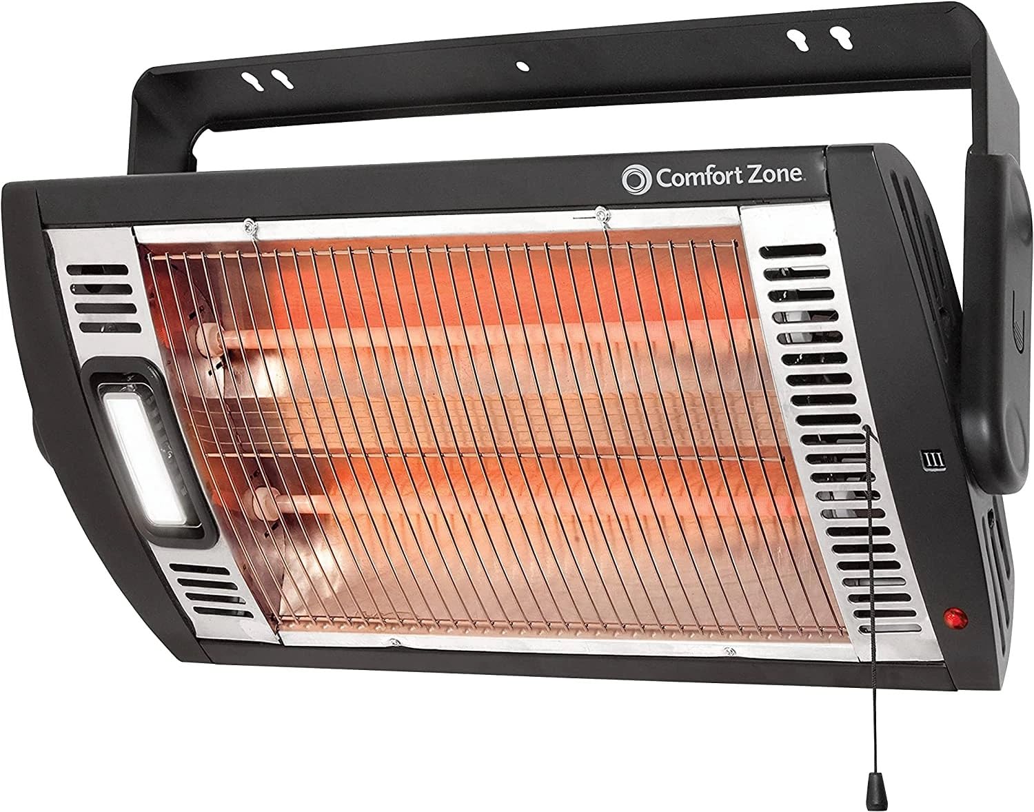 Comfort Zone 1500W Ceiling Mounted Dual Quartz Radiant Heater &ndash; Infrared Workshop Heater with 90&deg; Adjustable Tilt, Built-in Halogen Light & Pull String Control &ndash; Overheat Protection, Black