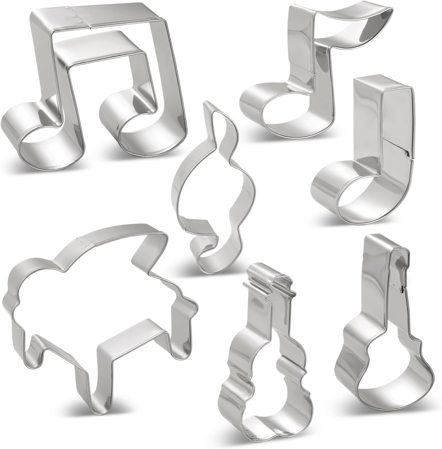 Music Notes Cookie Cutters G Clef, Eighth Note, 2 Eighth Note, A Quarter Note, Piano, Violin and Guitar - Stainless Steel 7 PCS